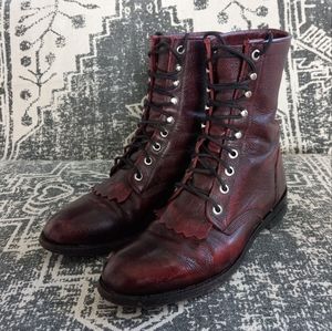 Vintage Justin Roper Leather Lace Up Kiltie Granny Combat Boots Burgundy 7US